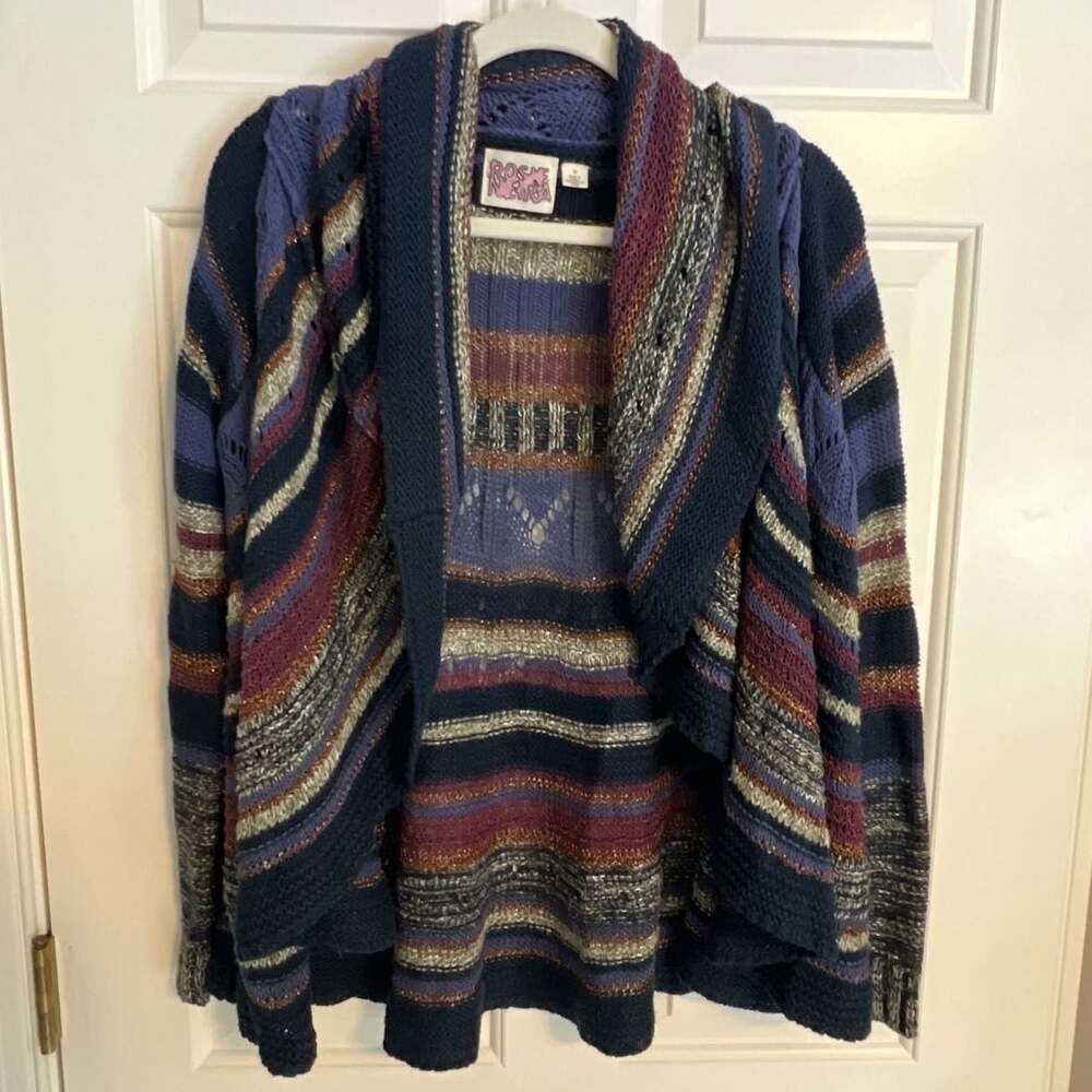 Rosie Neira Anthropologie Curved Stripes Crochet Metallic‎ Knit Cardigan Boho